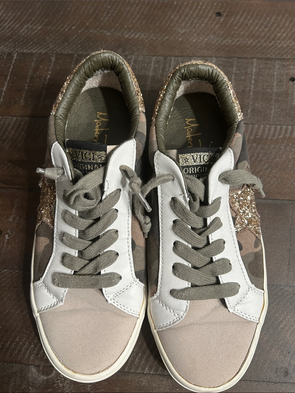 Vici Olive, Beige & Gold Glitter Camo Low-Top Sneakers